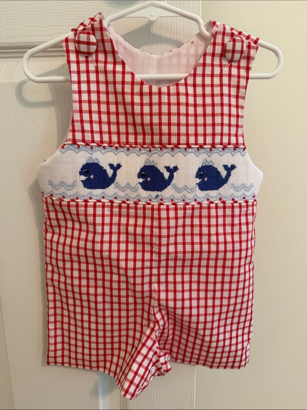 Delaney Red Gingham Baby Romper with Blue Whale Smocking